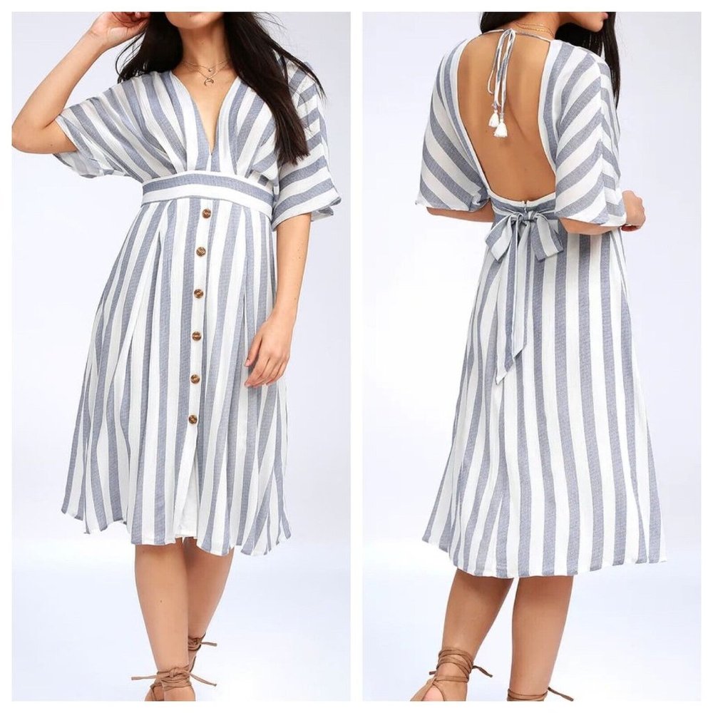 Lulu's Pier of Influence Striped Midi Dress Size Large Coastal Beach Blue White